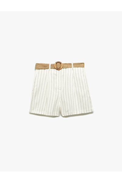 Koton Viskon Kumaş Hasır Kemer Detaylı Cepli Yüksek Bel Mini Şort