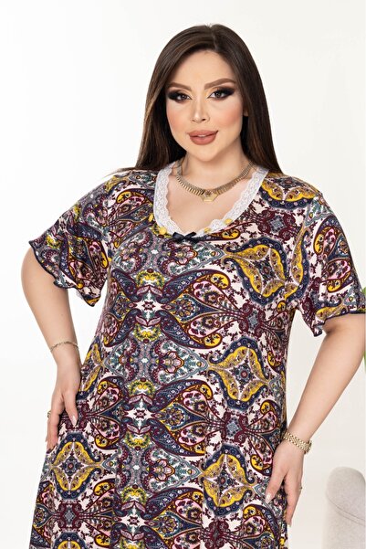 şuranur Bamboo U-Collar Lace Detail Skirt Sleeve Suffle Overlock Battal Size