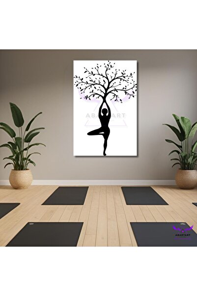 abartart Tekli Dikey Kanvas Yoga Meditasyon Yapan İnsan Figürü ve Ağaç