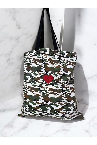 Fancy & Fun Geantă de umăr unisex de camuflaj cu aplicații de inimă 100% bumbac 45x40 cm
