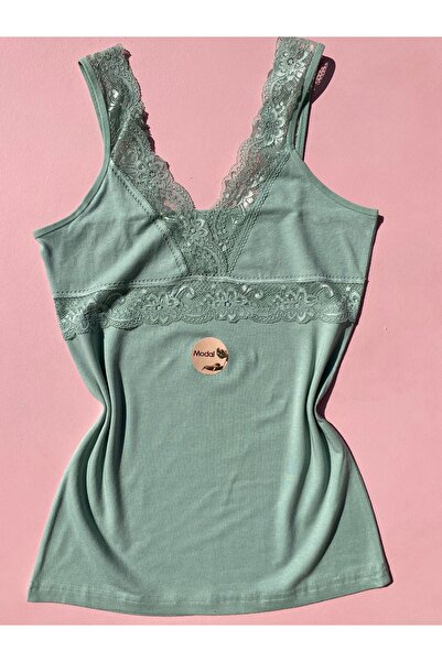 LEYNA BUTİK Pamuklu Modal Kumaş V Yaka Dantel Askılı Kutu Ambalajlı 2'li Yeşil Ve Pudra Atlet