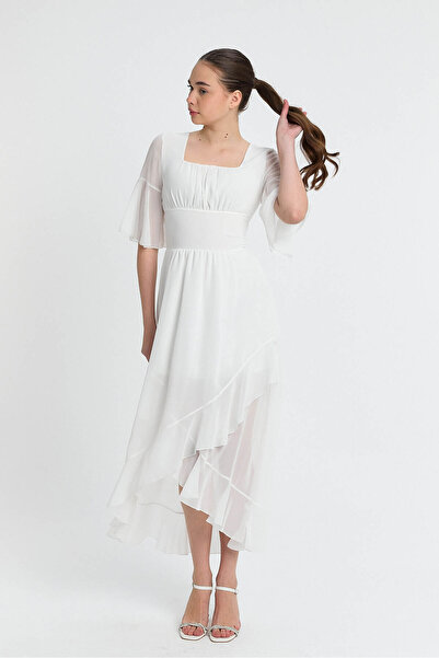 Laranor Ecru Asimetrik Kesim Volan Detay Şifon Düğün - Davet - Mezuniyet Elbisesi 25l8020