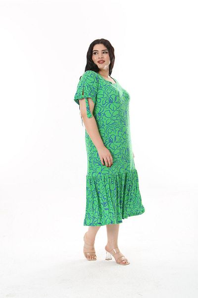 mezura tekstil Plus Size Above Knee Square Neck Tie Detailed Short Sleeve Viscose Combed Cotton Stylish Design Comfortable Dress
