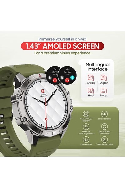 Swiss Military DOM5 Smartwatch 1.43" AMOLED,BT Calling,Health & Sports Tracking, IP68,Silver Frame with Green Strap