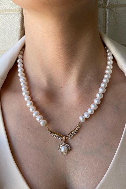 Birinci 14 Ayar Altın 6 mm Rüzgar Gülü Doğal İnci Küpe Kolye Yüzük Üçlü Set