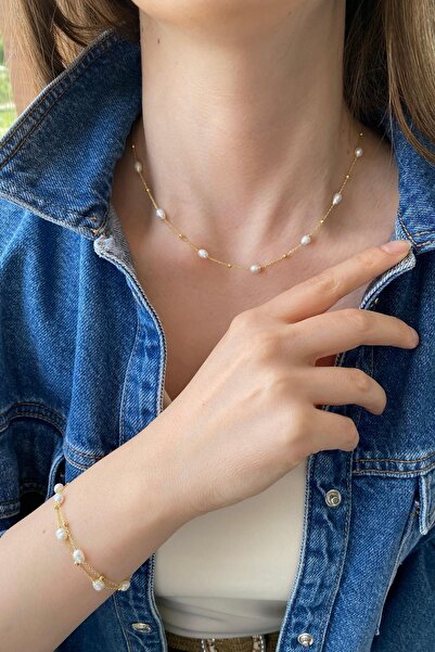 Birinci 925 Ayar Gümüş Kadın Dorika Toplu Doğal İnci Kolye Bileklik İkili Set