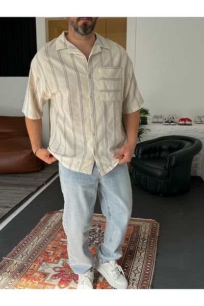 BYBASICMAN Gray Knitted Striped Linen Shirt Jj-265