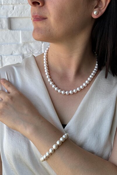 Birinci 925 Ayar Gümüş 9 mm Gemici Kilit Doğal İnci Kolye Bileklik Küpe Üçlü ...