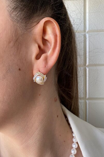 Birinci 14 Ayar Altın 6 mm Rüzgar Gülü Doğal İnci Küpe Kolye Yüzük Üçlü Set