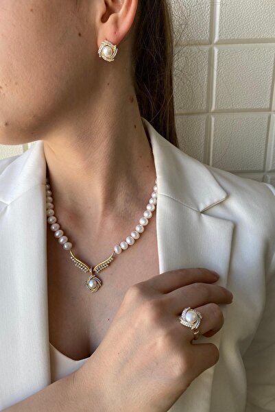 Birinci 14 Ayar Altın 6 mm Rüzgar Gülü Doğal İnci Küpe Kolye Yüzük Üçlü Set