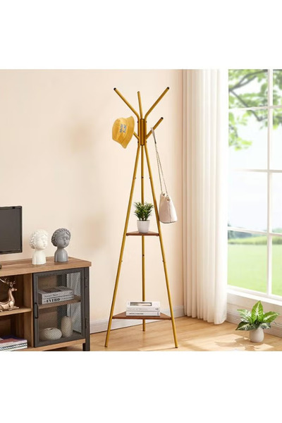 COOYA Modern Three Pronged Metal Hanger,Coat Racks,Clothing Stand,Hall Tree with 2 Shelves, Easy Assembly