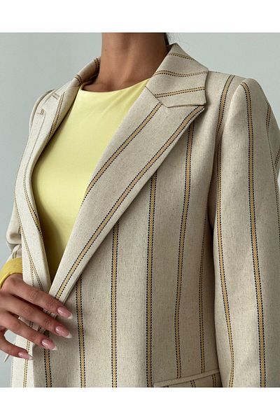 BUTİK ELAJ Women's Yellow Gabardine Linen Striped Blazer Jacket