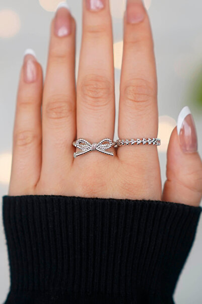 TREND COLLECTİON Elegant Design Adjustable 2 Pcs Silver Women Ring