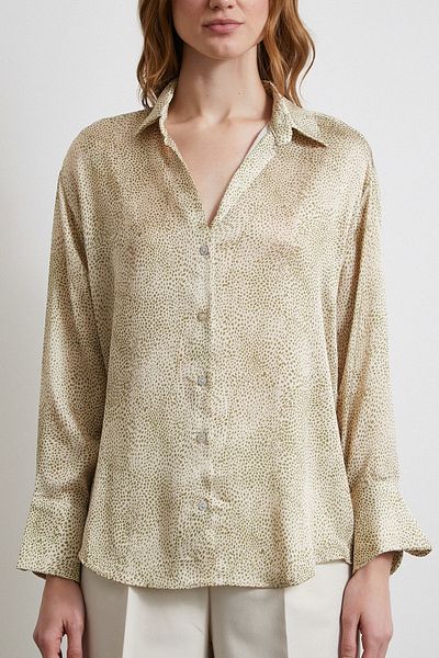 Never more Green V-Neck Patterned Satin Shirt