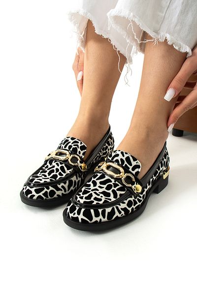 Güllü Shoes Mocasini din piele vegană din piele de căprioară cu model zebră albă neagră de damă, pantofi confortabili, cu cataramă înlocuibilă zilnic