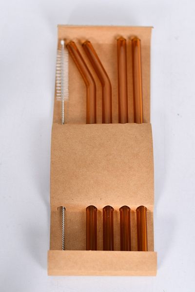 Generic 4-Piece Straws Set with Cleaning Brush, 9 x 10mm Clear Glass Straws Juice Straws