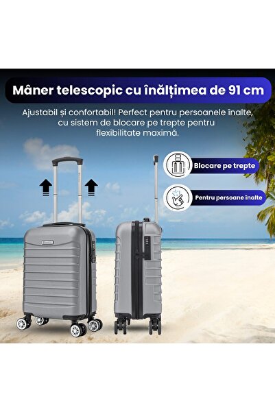 Quasar & Co. Troler de cabina Line,40x30x20cm,Troller bagaj de mana,valiza cabina roti detasabile,cifru,Argintiu