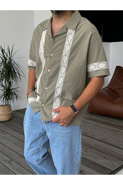 BYBASICMAN Khaki Lace Embroidered Short Sleeve Shirt V-847