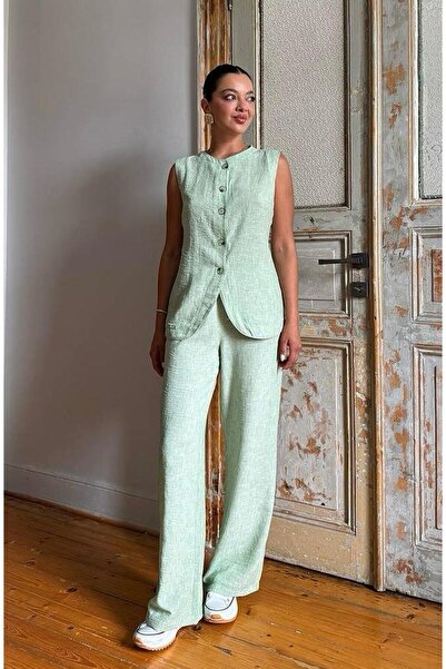 POİSE Linen Flared Fabric Vest Pants Set