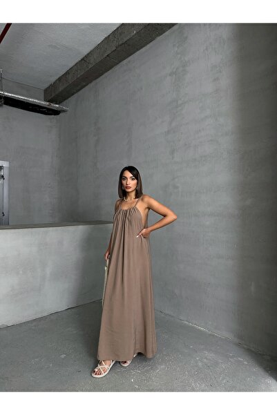 BEJNA Women's Mink Halter Neck Relaxed Maxi Modal Dress