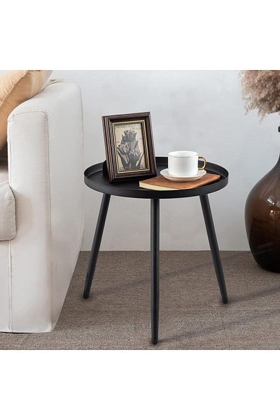 COOYA Creative Coffee Table Metal Structure Indoor and Outdoor,Metal Circular Tray with 3 Legs (Black)