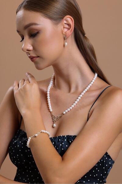 Birinci 14 Ayar Altın 7 mm Yaprak Taşlı Doğal İnci Küpe Kolye Bileklik Üçlü Set