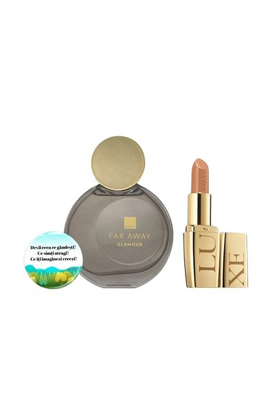 AVON Far Away Glamour (N) + insigna + ruj Luxe Nude