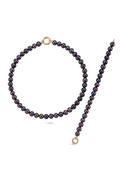 Birinci 925 Ayar Gümüş 10 mm Denizci Kilit Sıralı Siyah İnci Kolye Bileklik İ...