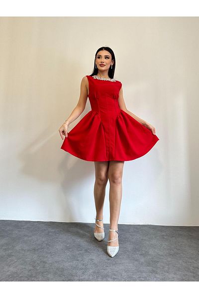 Appleline Stone Pendant Waist Midi Length Casual Dress Red