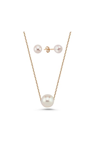 Birinci 14 Ayar Altın Kadın Tekli Doğal İnci Küpe Kolye İkili Set