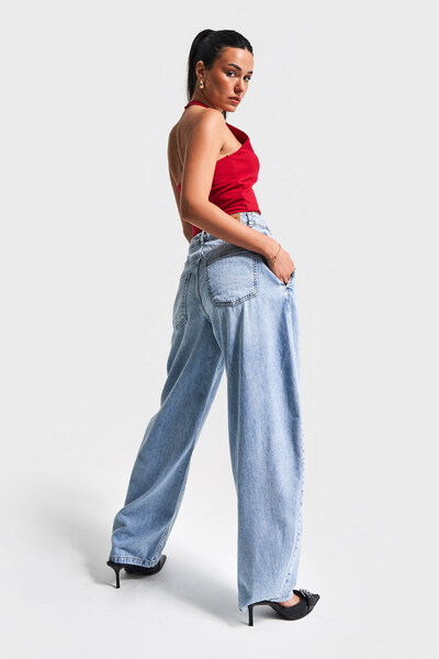 its basic Kadın Mavi Renk 2S5-4 Baggy Fit Pileli %100 Koton Denim Jean