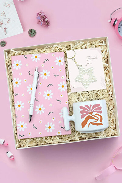 Trendmiya Pembe Papatya Defter & T Kupa & Anahtarlık & Tükenmez Kalem Hediye ...