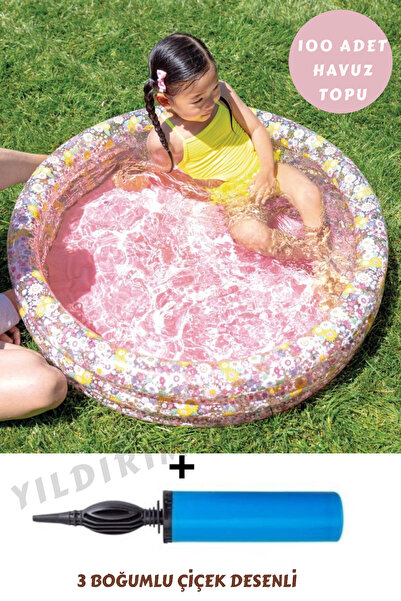 YILDIRIM OYUNCAK 3 Boğumlu Şişme Tabanlı Çiçek Desenli Bebek Çocuk Havuzu 86x...