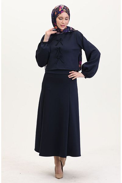 sefamerve Navy Blue Scuba Fabric Blouse Skirt Double Set 0021-01