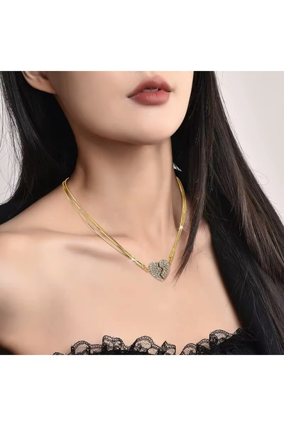 Siya Silver Zirkon Taşlı İkiye Ayrılan Kalpli Mıknatıslı Çelik Kolye