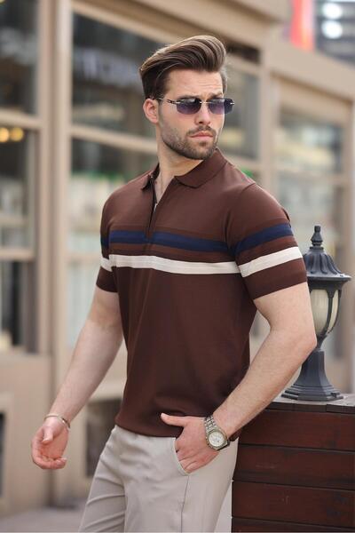 Madmext Ανδρικό μπλουζάκι πλεκτό πόλο με φερμουάρ καφέ E7299