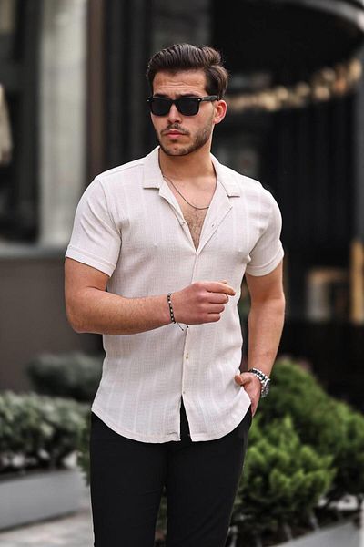 Pobudo Ecru Color Shawl Collar Men's Crepe Shirt