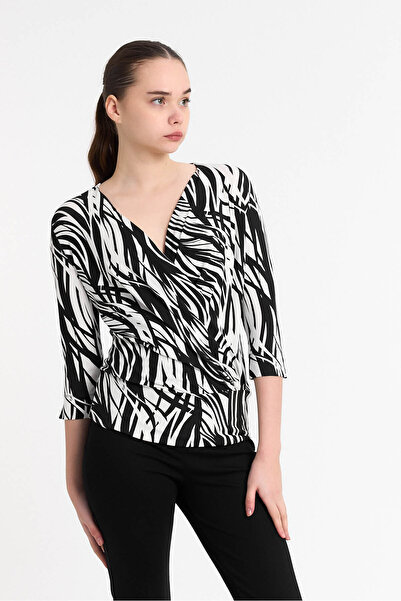 Laranor Beyaz Çizgili Kruvaze Yaka Truvakar Kol Ipek Viskon Bluz 25l7612