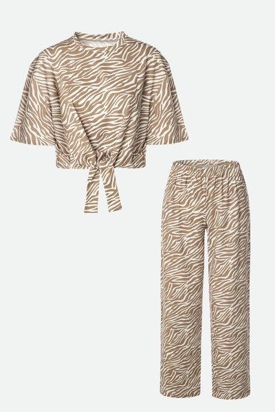 koza iç giyim Kadın Pamuklu Önden Bağlamalı Desenli Crop T-shirt Pijama Takımı