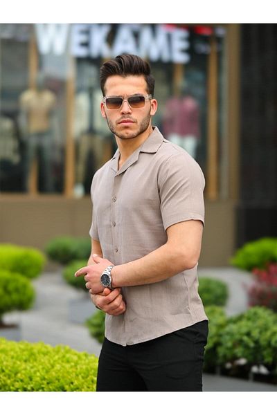 Pobudo Mink Color Cotton Linen Short Sleeve Shirt