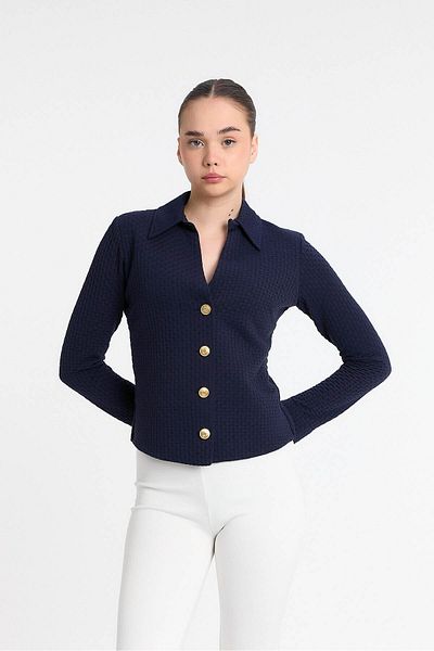Laranor Navy Blue Gold Button Design Silk Viscose Shirt Day - Night Chic 25L8017