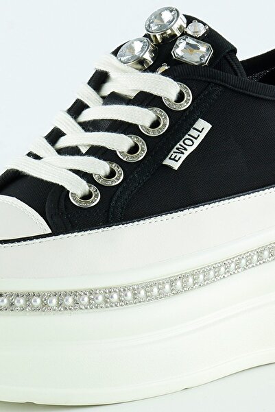 Erkan Saçmacı Black White High Sole Sports Crystal Stone Pearl Detailed Lace up Platform Sneaker