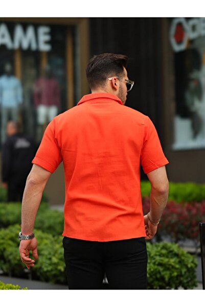 Pobudo Nar Çiçeği Pamuk Keten Kısa Kol Gömlek