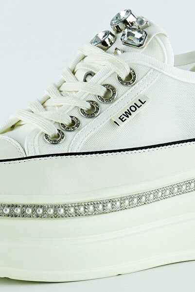 Erkan Saçmacı White High Sole Crystal Stone Pearl Detailed Lace up Bridal Platform Sneaker