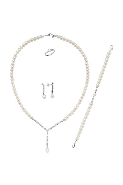 Birinci 14 Ayar Altın 6 mm Baget Zirkon Taşlı Doğal İnci Küpe Kolye Bileklik ...