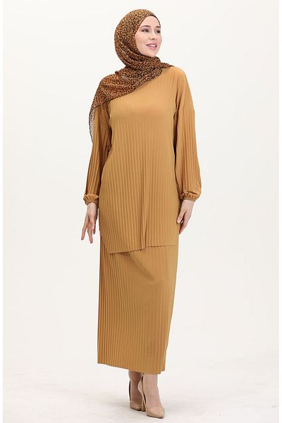 sefamerve Pleated Tunic & Skirt Double Set - Mustard 0015-03