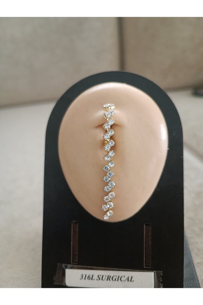 AyçaSilver Sallantılı zirkon taşlı, Gold renk Çelik göbek piercing