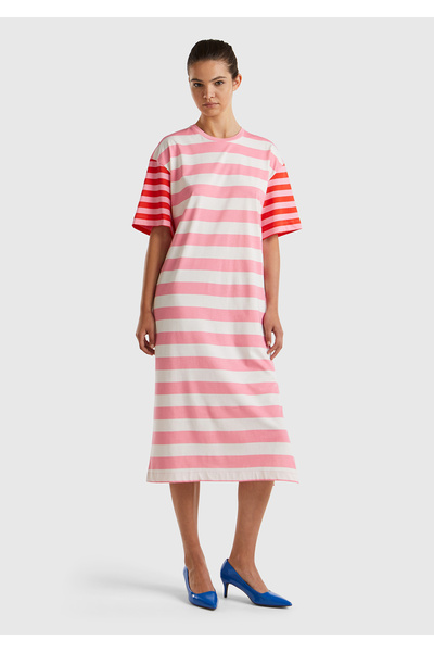 United Colors of Benetton Γυναικείο φόρεμα ροζ μείγματος 100% βαμβακερό ριγέ ...
