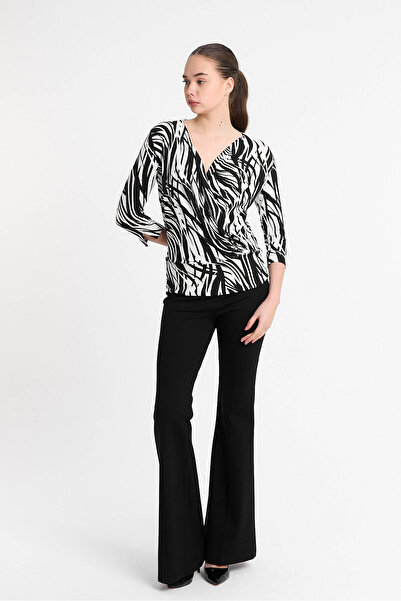 Laranor Beyaz Çizgili Kruvaze Yaka Truvakar Kol Ipek Viskon Bluz 25l7612