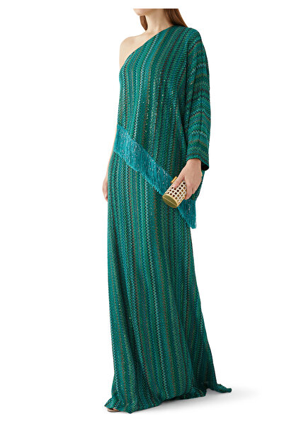 Missoni Simli Fırfırlı Maxi Elbise - Yeşil Çok Renkli